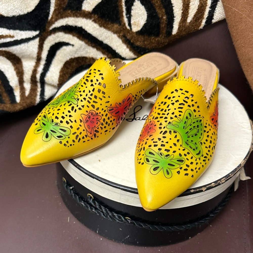 Vibrant Yellow L’Artiste Mules with Green and Red Accents
